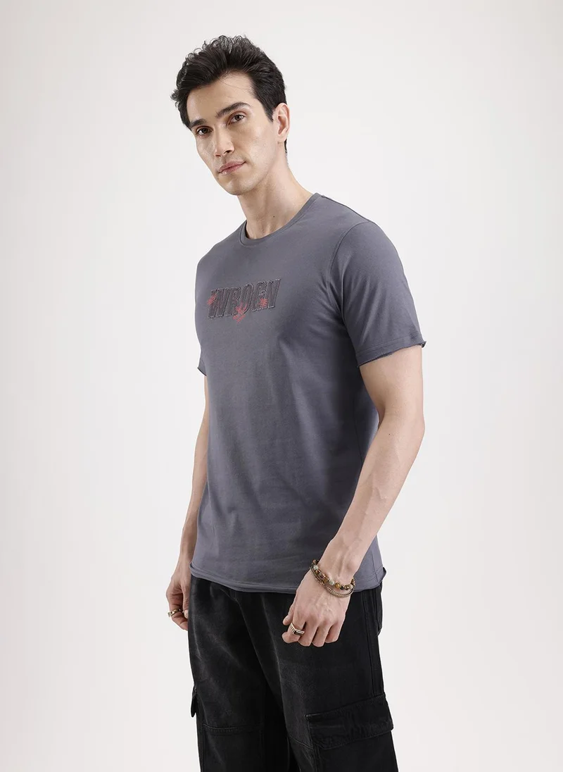 Wrogn Solid Embroidery Patch T-Shirt   |  Grey